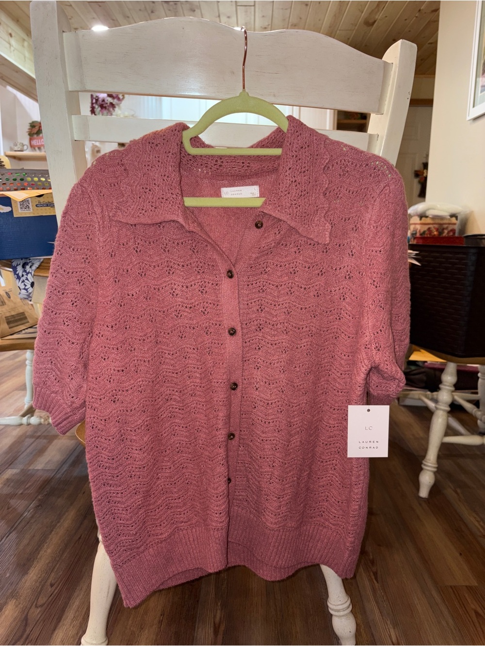 LC Lauren Conrad Rose Pink Crochet-Style Button Down Top